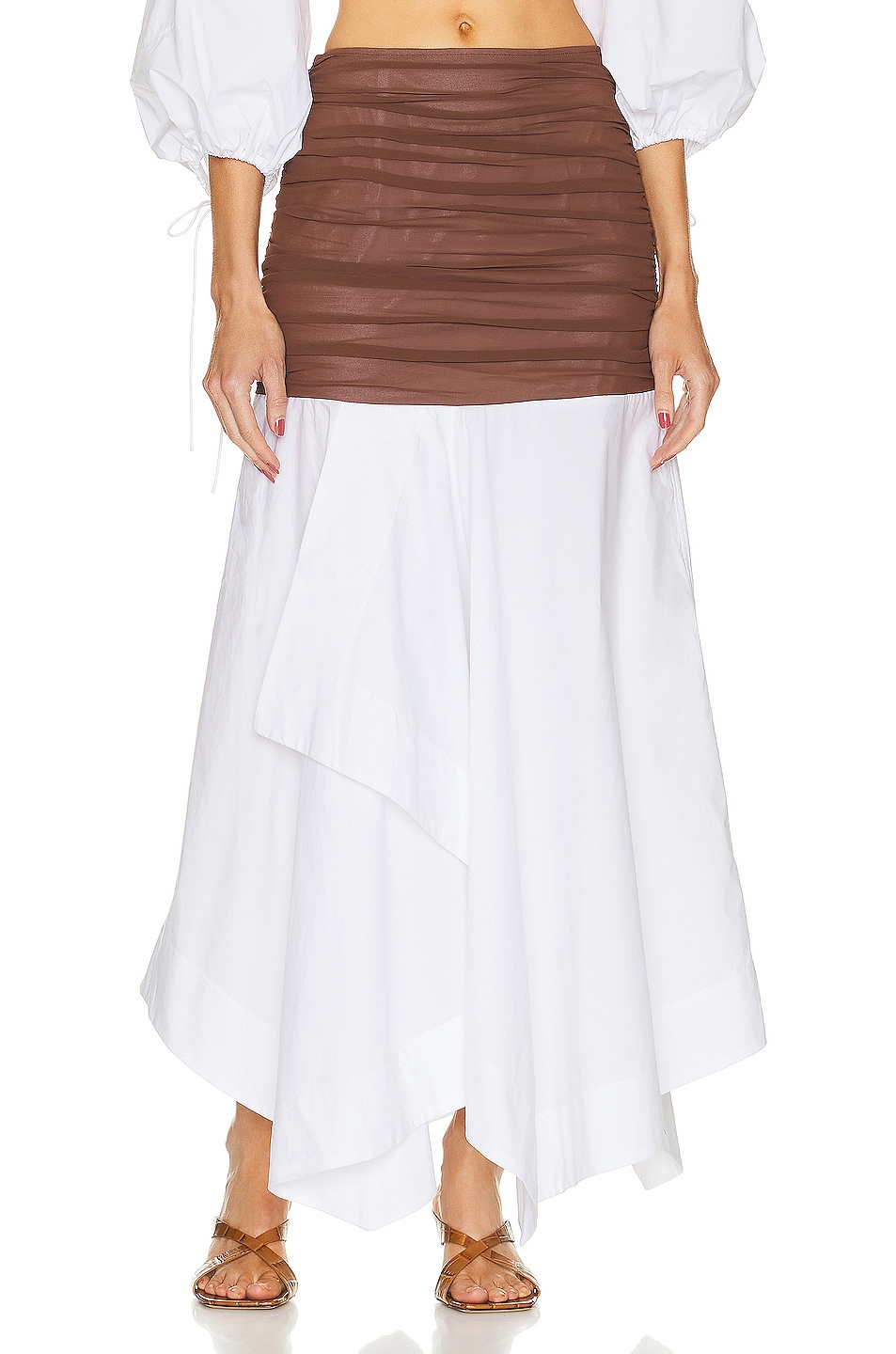 Image 1 of Helsa Cotton Poplin Skirt With Sheer Overlay in White & Brown