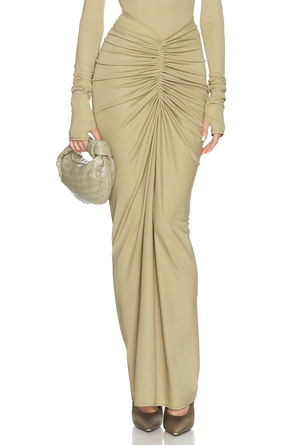 Matte Jersey Long Ruched Skirt in Beige