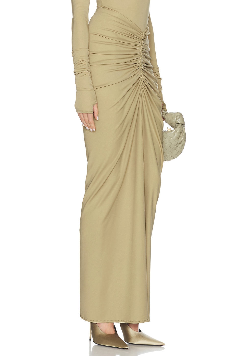 Shop Helsa Matte Jersey Long Ruched Skirt In Elm