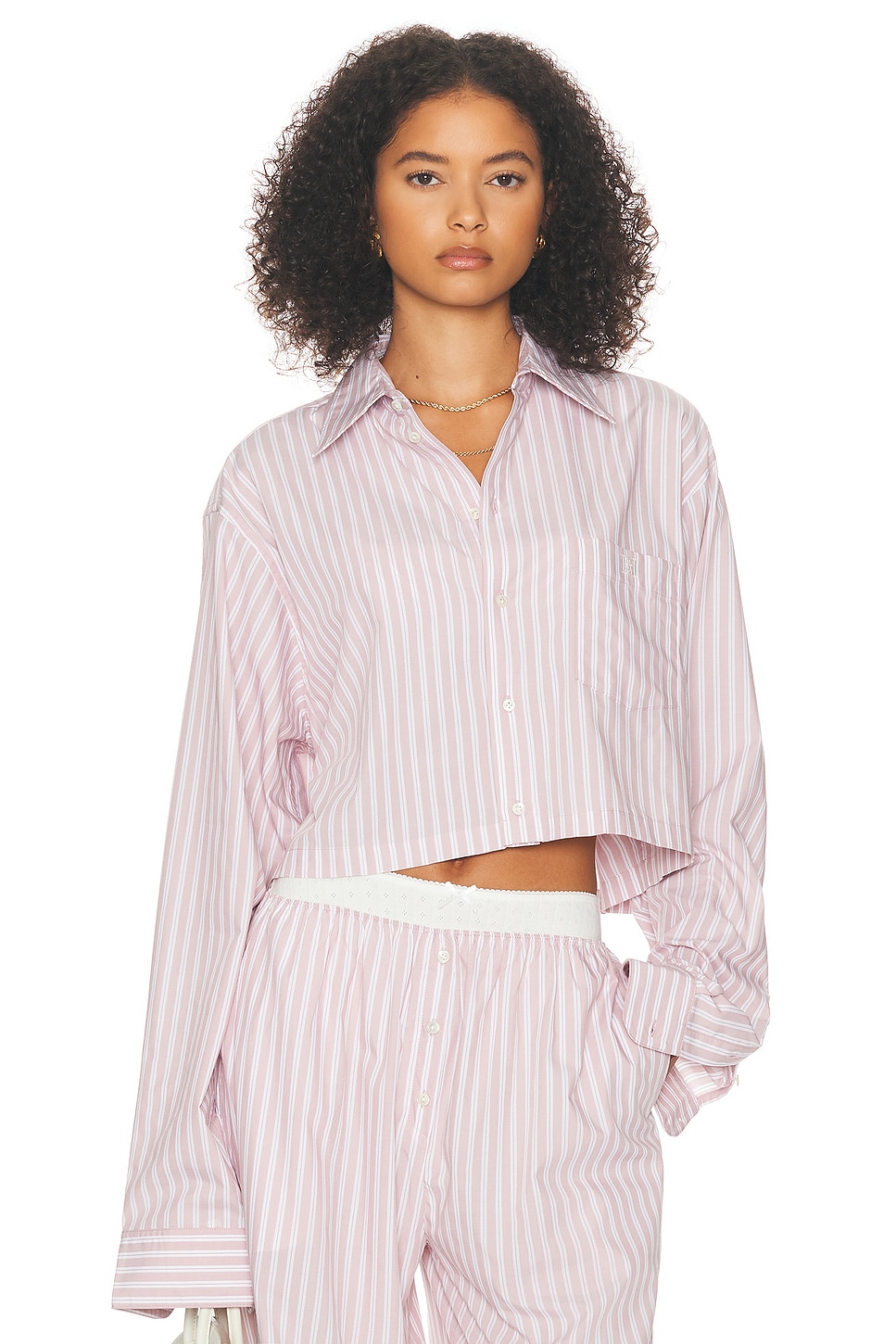 Wide Stripe Poplin Cropped Shirt in Mauve