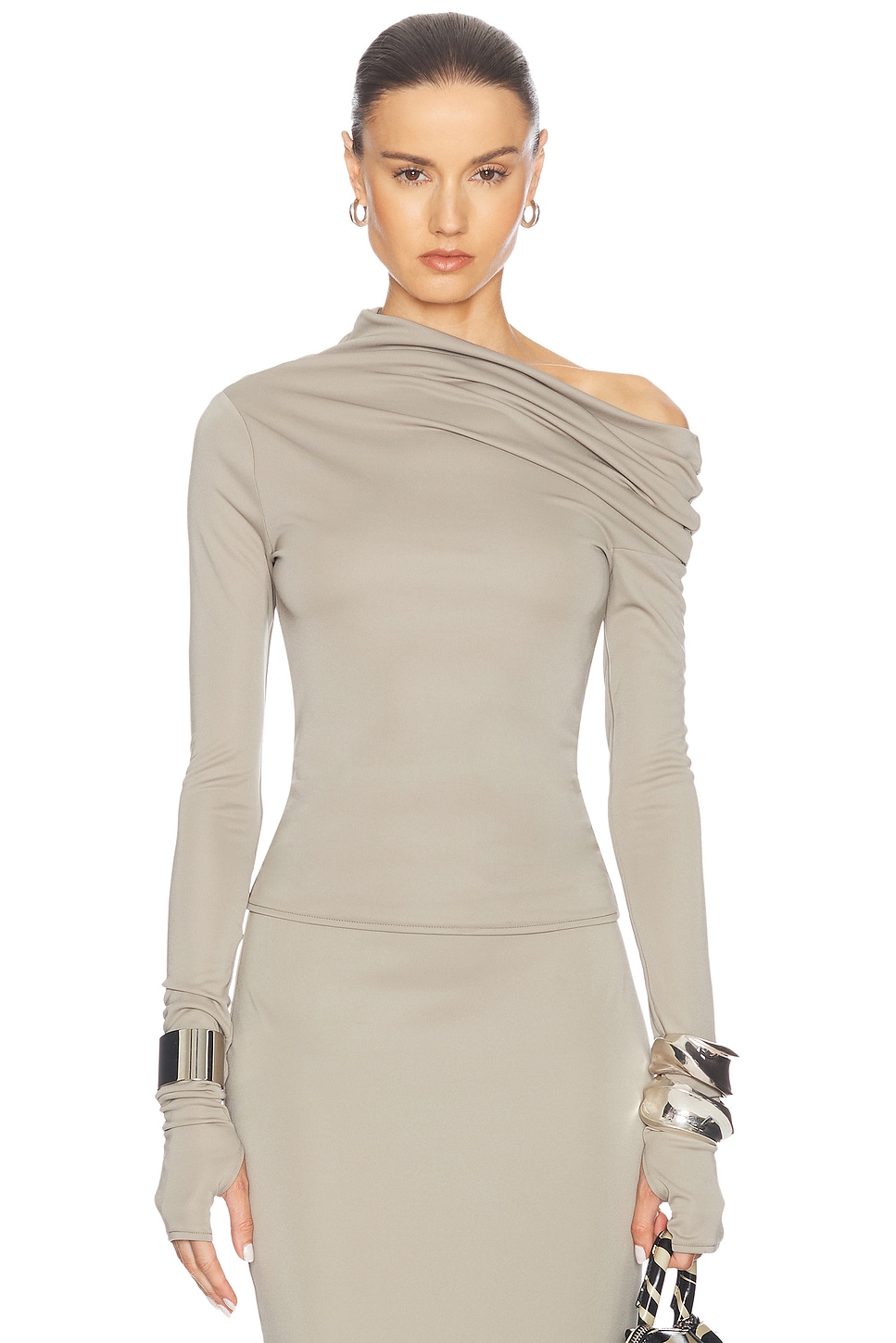 Image 1 of Helsa Matte Jersey Drape Shoulder Top in Oyster