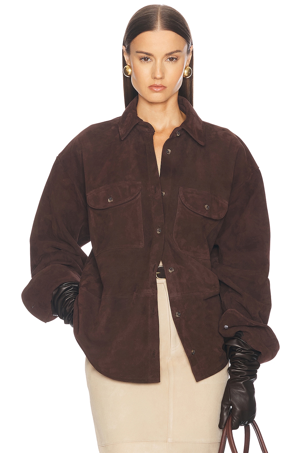 Image 1 of Helsa Suede Overshirt in Chocolate Brown