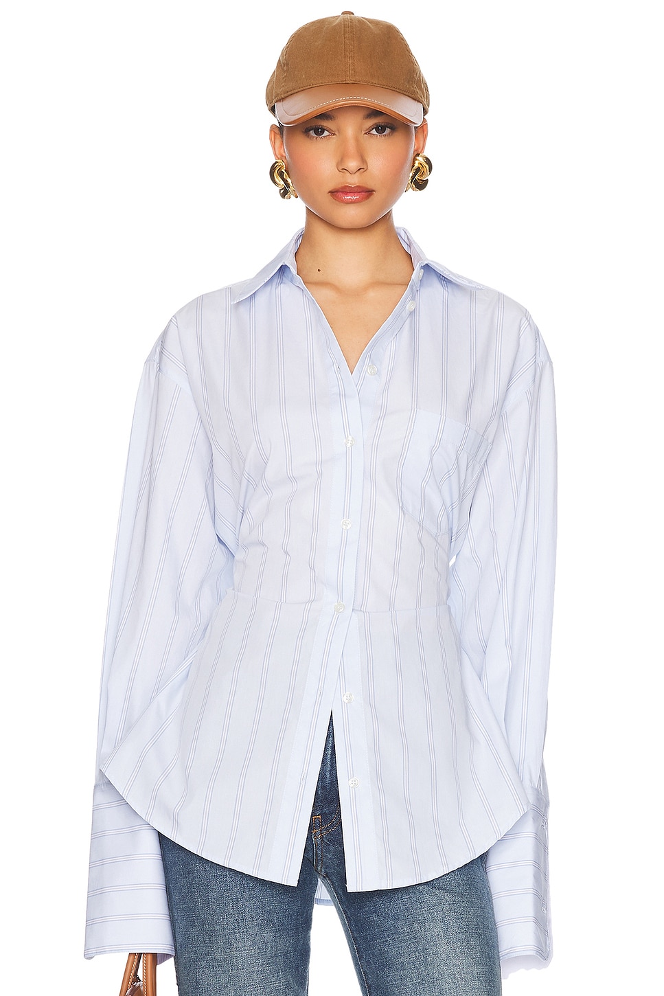Image 1 of Helsa Stripe Poplin Lace Back Shirt in Blue Multi Stripe