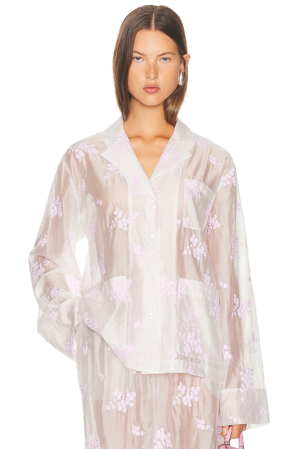 Image 1 of Helsa Pajama Top in Cherry Blossom Embroidery in White & Pink Embroidery
