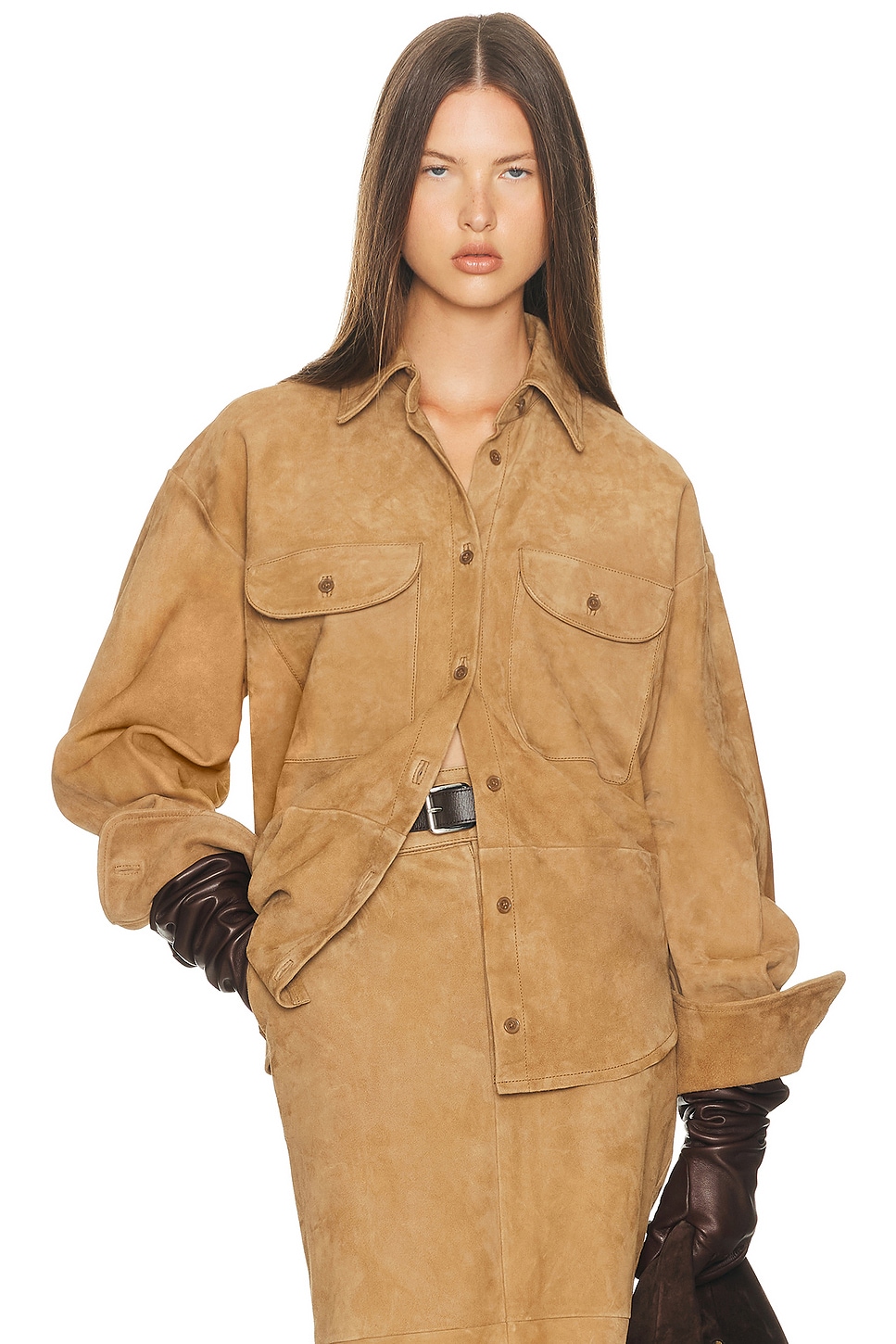 Image 1 of Helsa Suede Overshirt in Caramel
