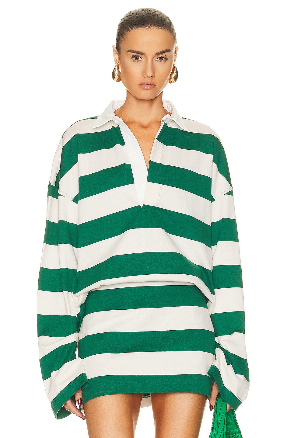 Helsa Oversized Rugby Shirt in Green & Ivory Stripe FWRD