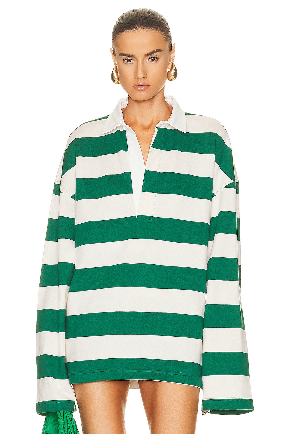 Helsa Oversized Rugby Shirt in Green & Ivory Stripe FWRD