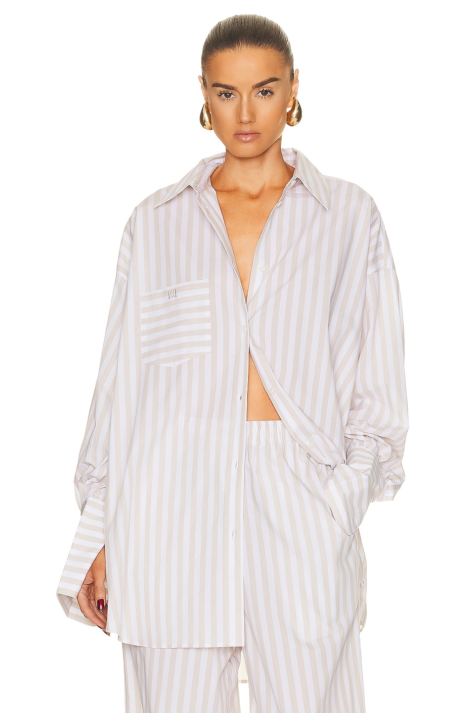 Image 1 of Helsa Cotton Poplin Stripe Oversized Shirt in Beige Stripe