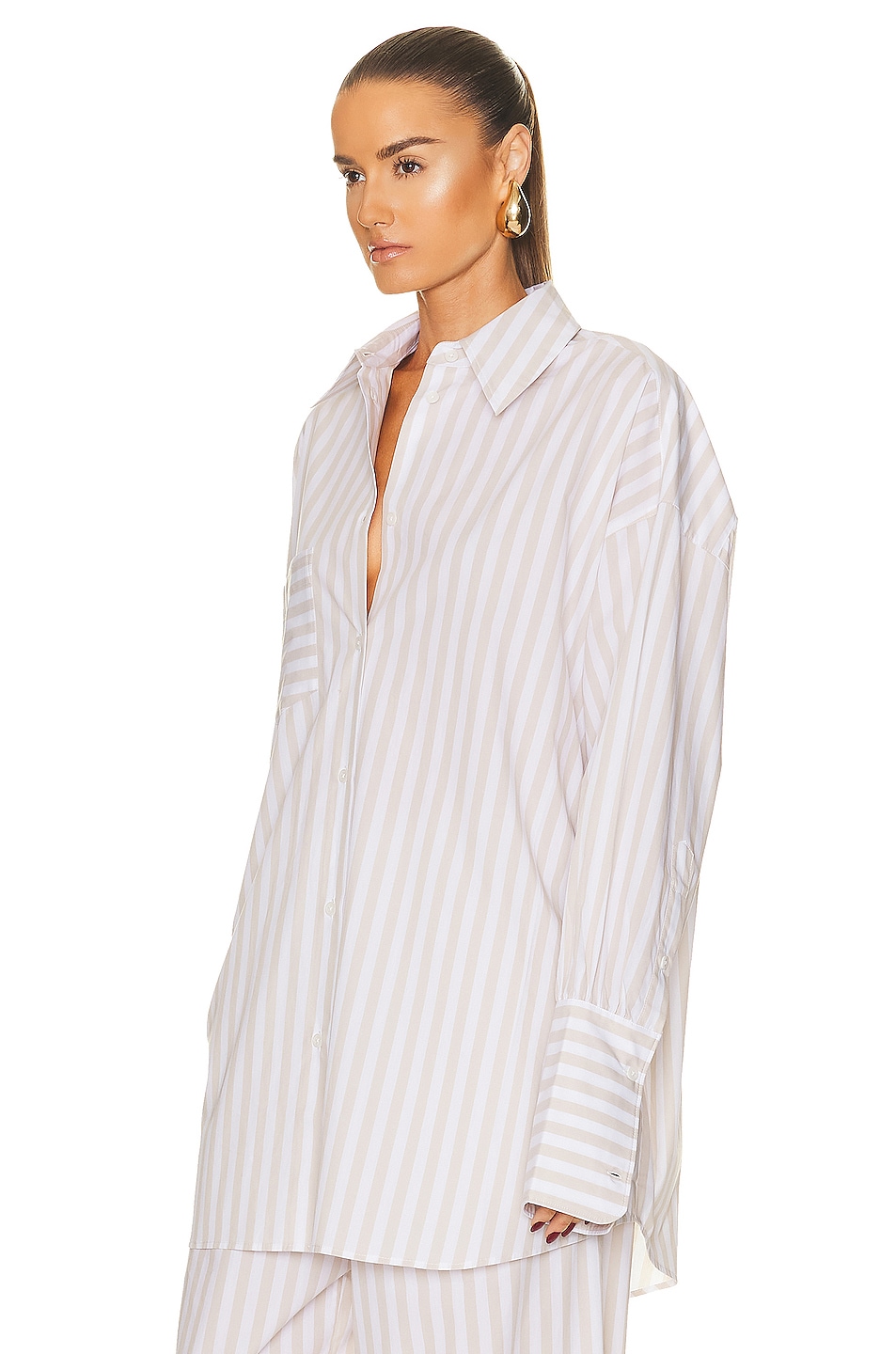 Helsa Cotton Poplin Stripe Oversized Shirt in Beige Stri…
