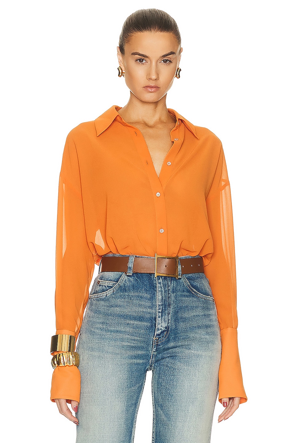 Image 1 of Helsa Sheer Button Slim Shirt in Orange