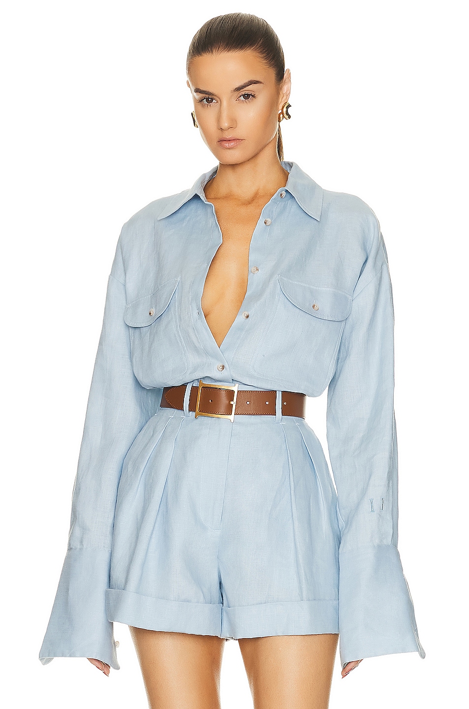 Image 1 of Helsa Linen Button Down Shirt in Chambray Blue