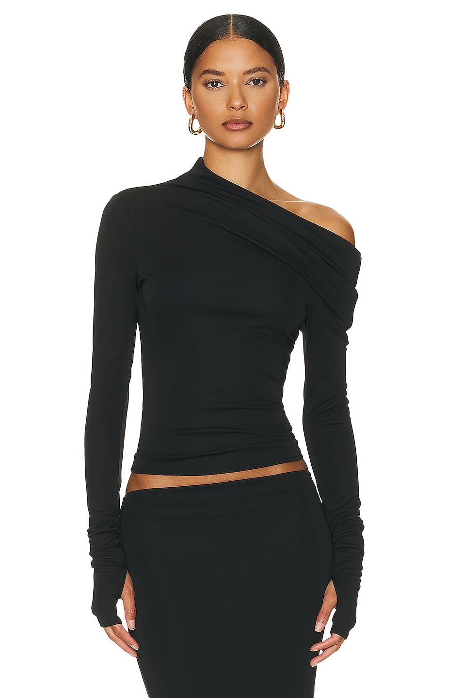 Image 1 of Helsa Matte Jersey Drape Shoulder Top in Black