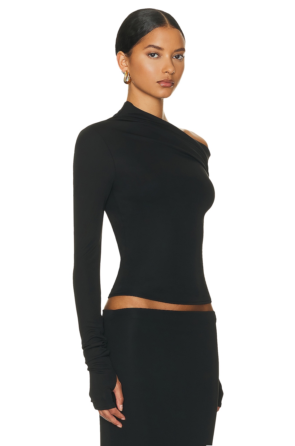 Helsa Matte Jersey Drape Shoulder Top in Black | FWRD
