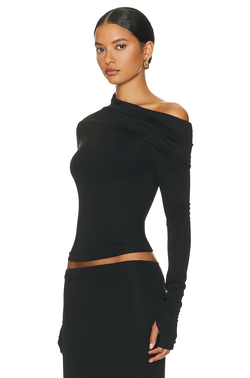 Helsa Matte Jersey Drape Shoulder Top in Black | FWRD