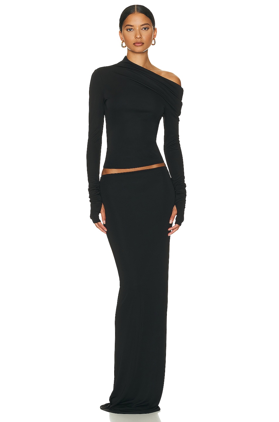 Helsa Matte Jersey Drape Shoulder Top in Black FWRD