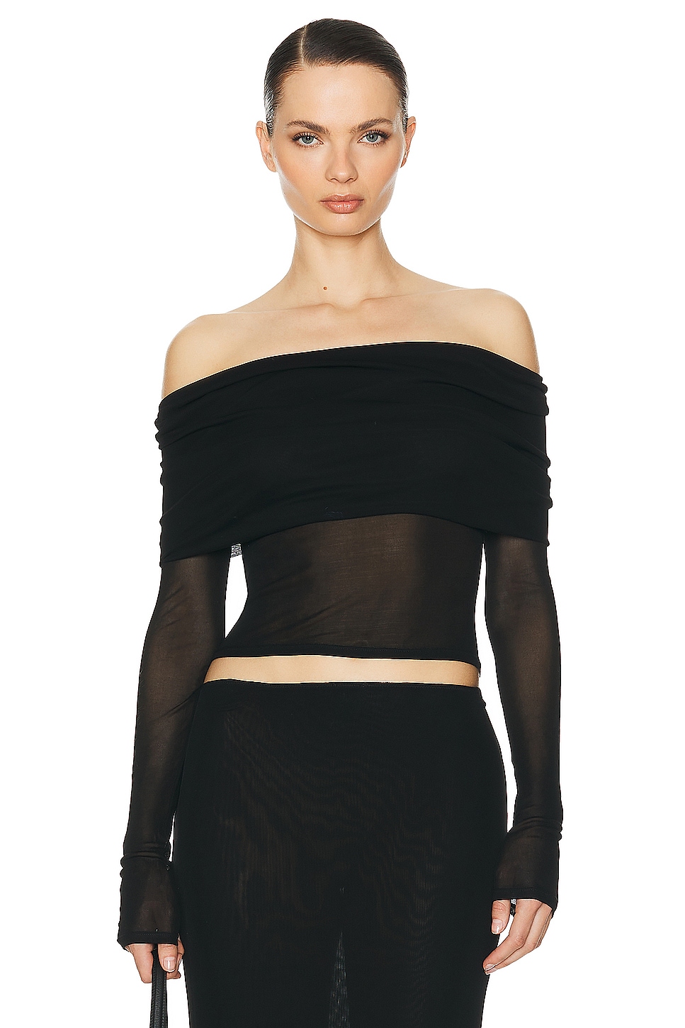 Image 1 of Helsa Sheer Knit Off The Shoulder Top in Black