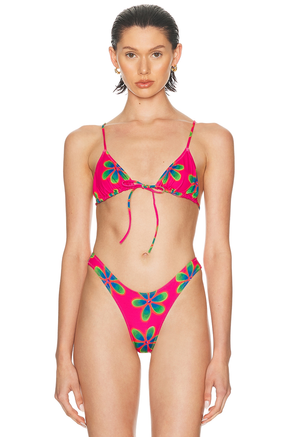Triangle Front Tie Bikini Top in Pink,Green