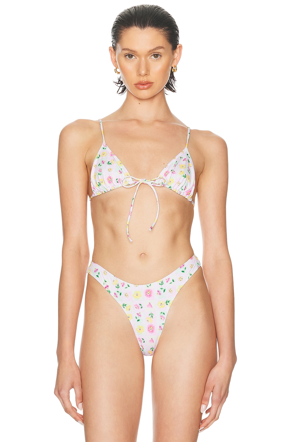 Triangle Front Tie Bikini Top in White,Yellow