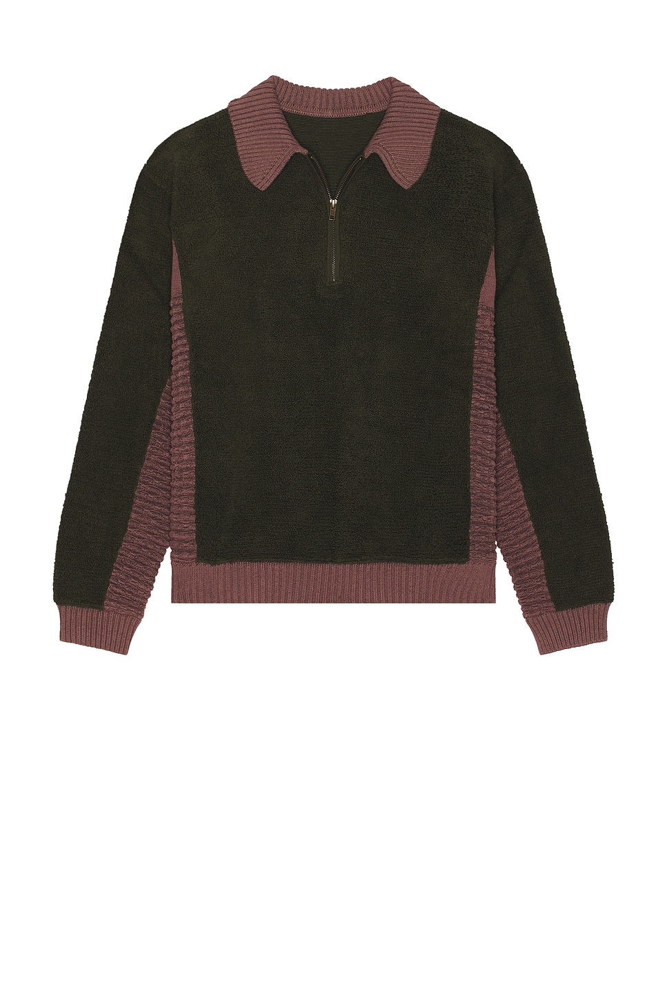 Image 1 of ISA BOULDER Relax Zip Up Polo Sweater in Mauve & Occher Green
