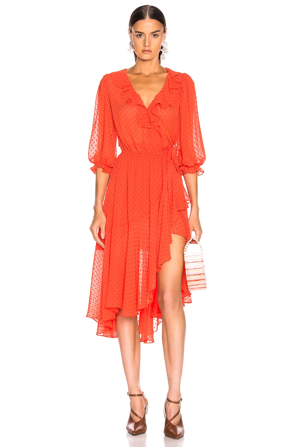 Image 1 of ICONS Objects of Devotion 3/4 Sleeve Cha Cha Wrap Dress in Hot Orange