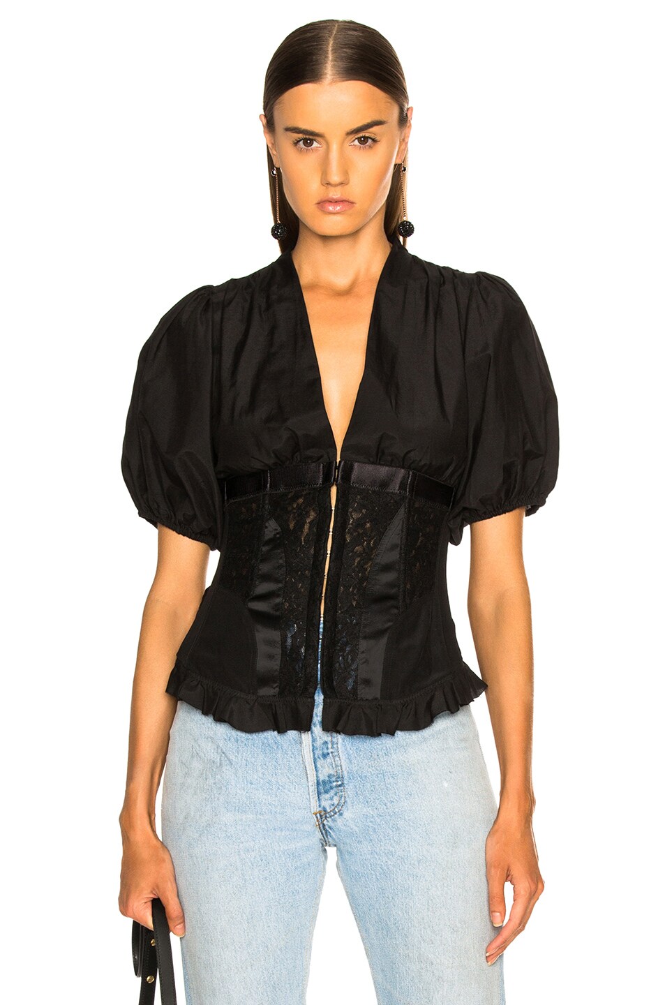 Image 1 of ICONS Objects of Devotion Corset Top With Puff Sleeves Top in Black