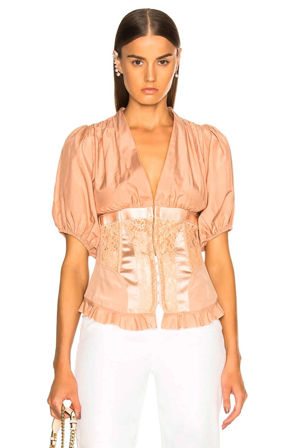 Image 1 of ICONS Objects of Devotion Corset Top With Puff Sleeves Top in Tint