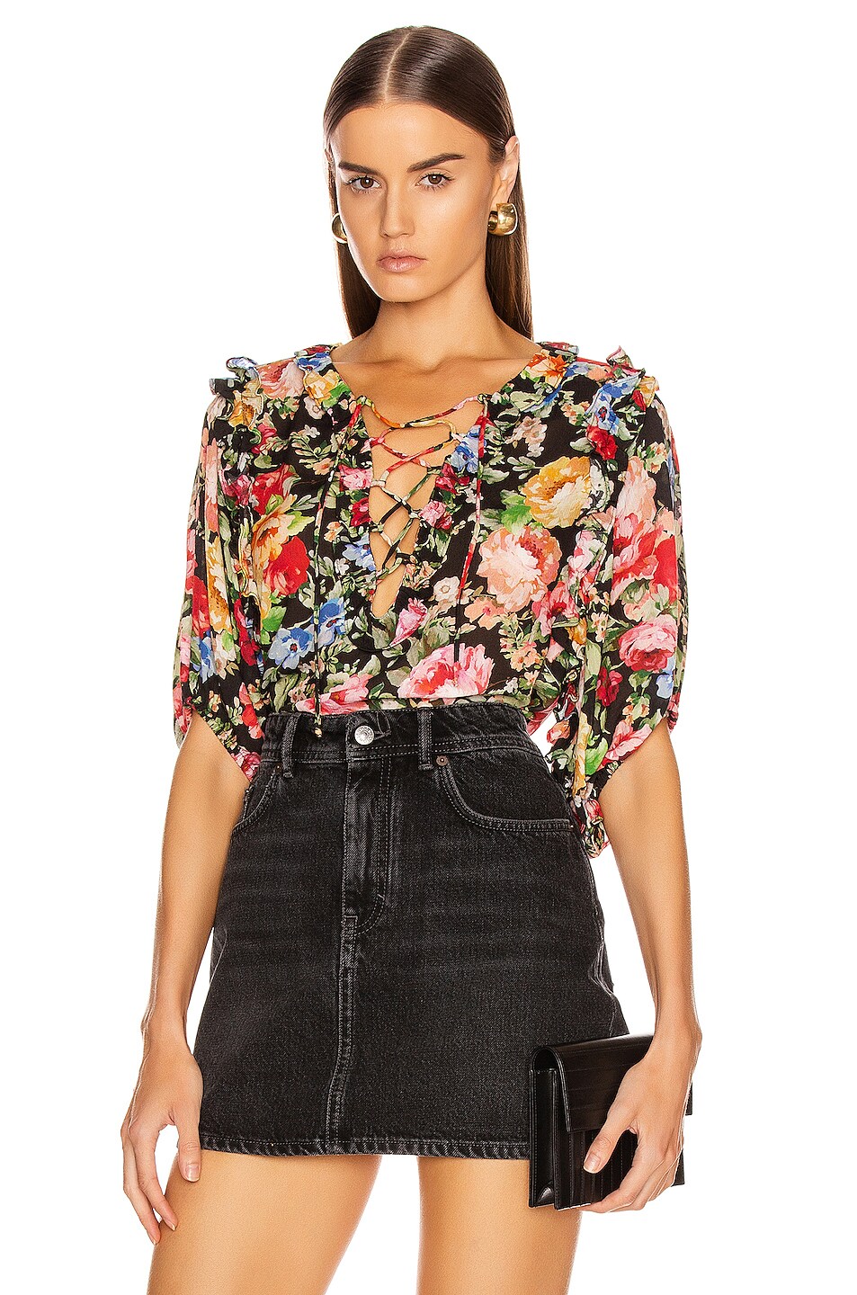 Image 1 of ICONS Objects of Devotion Ruffle Lace Up Blouse in Black Floral