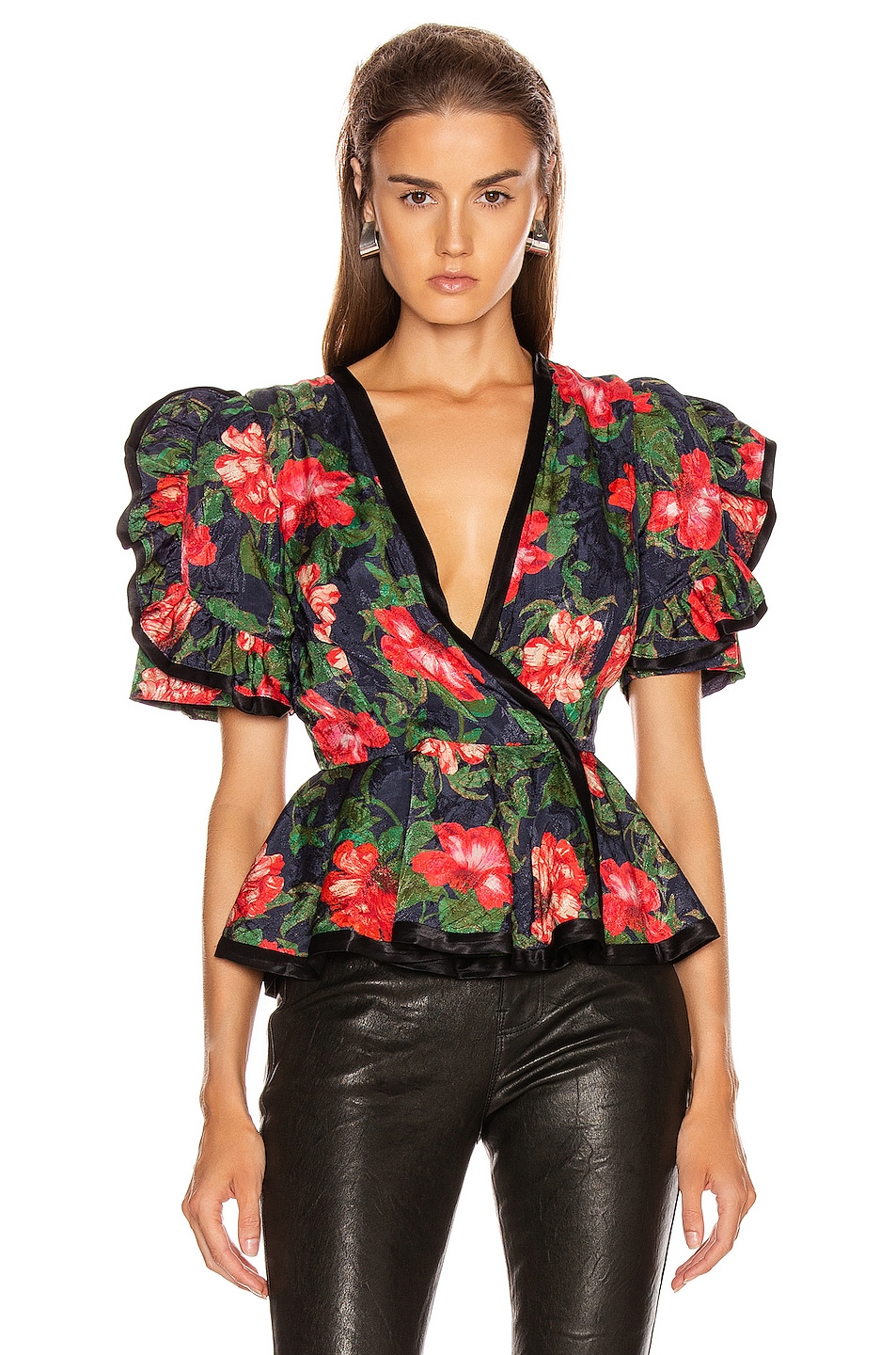 Image 1 of ICONS Objects of Devotion The Rose Peplum Top in Navy Red Rose