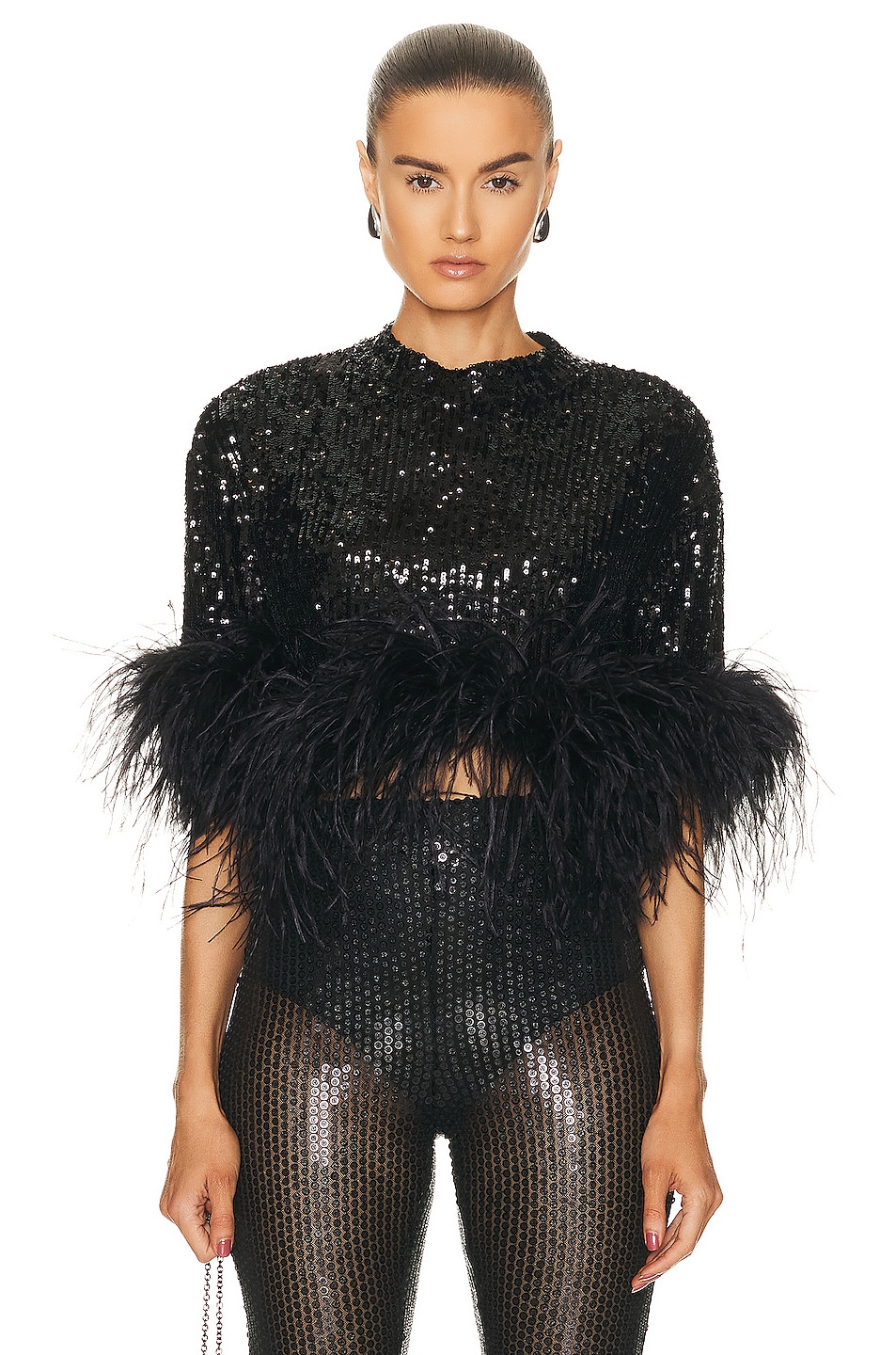 Image 1 of ILA Bella Feather Trimmed Crop Top in Black Sequin