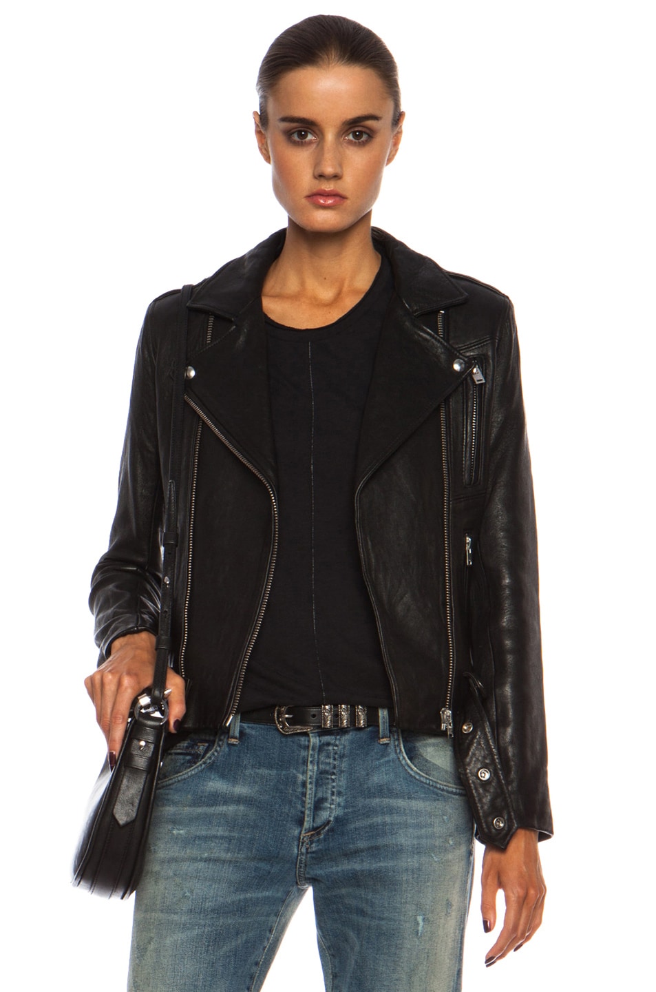 Image 1 of IRO Jamie Leather Jacket in Black