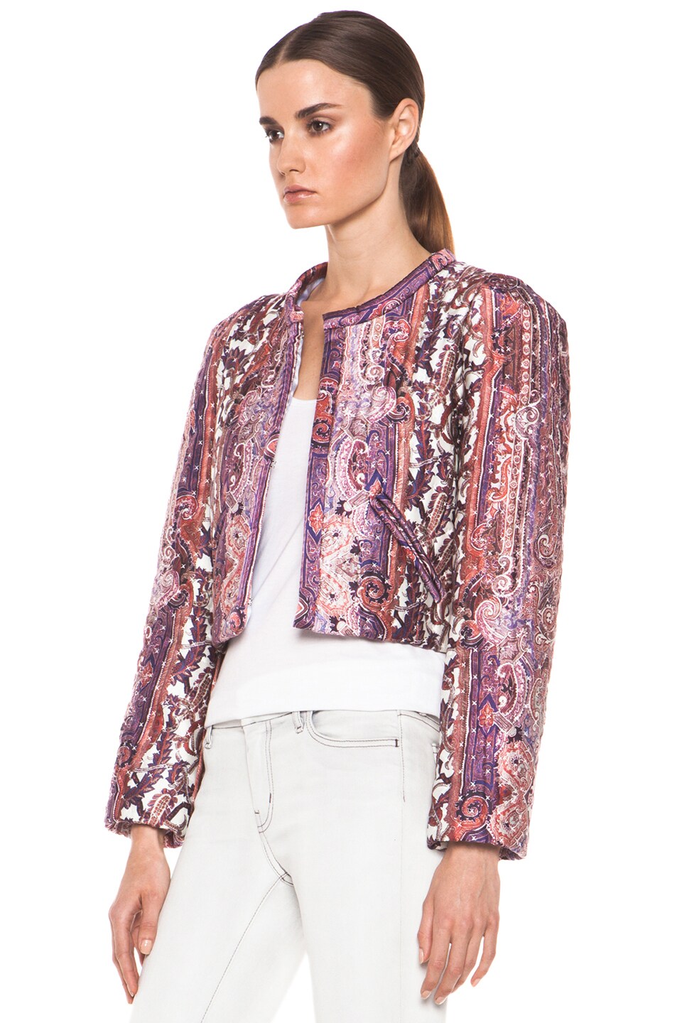 Isabel Marant Glenn Printed Quilted Silk Satin Jacket in Violet Blue FWRD