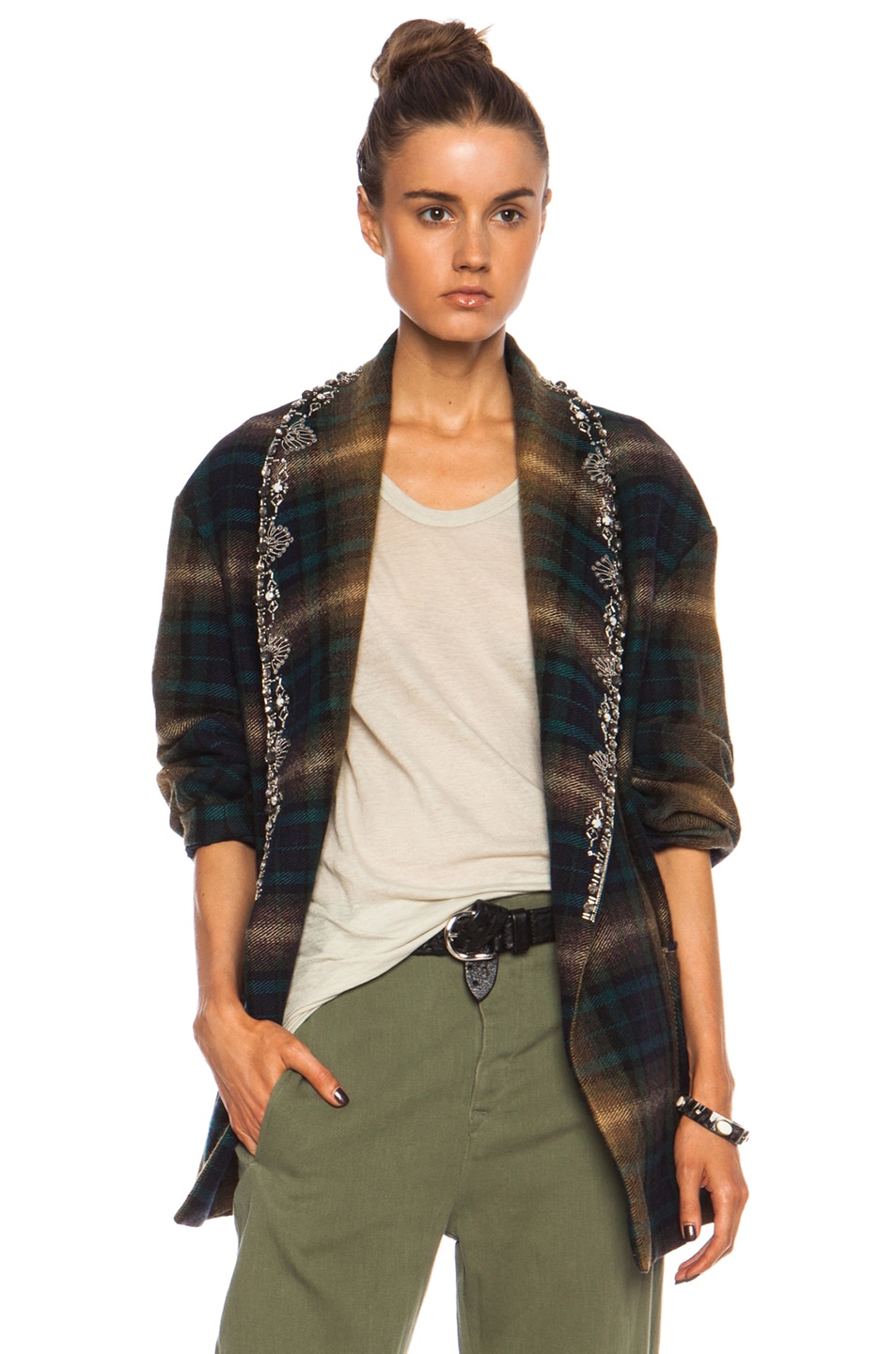 Image 1 of Isabel Marant Milroy Embroidered Check Linen-Blend Jacket in Brown