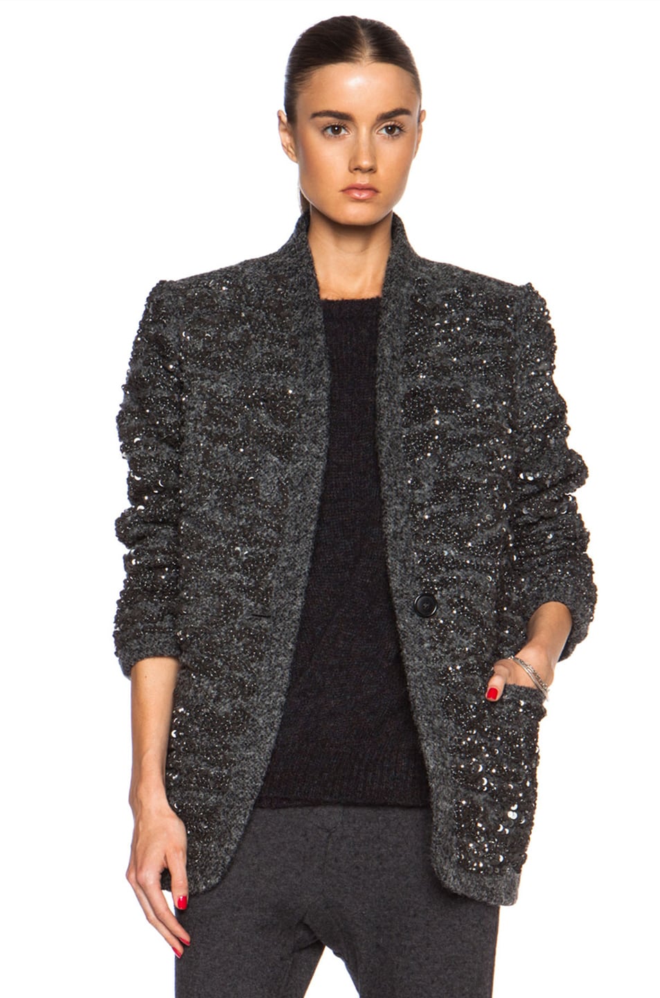 Image 1 of Isabel Marant Ta Sequin Over Wool-Blend Jacket in Gunmetal