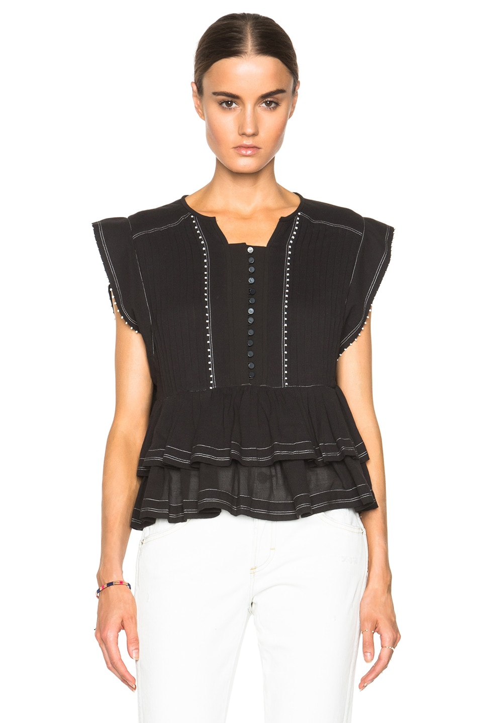 Image 1 of Isabel Marant Raquel Pleated Cotton Top in Black
