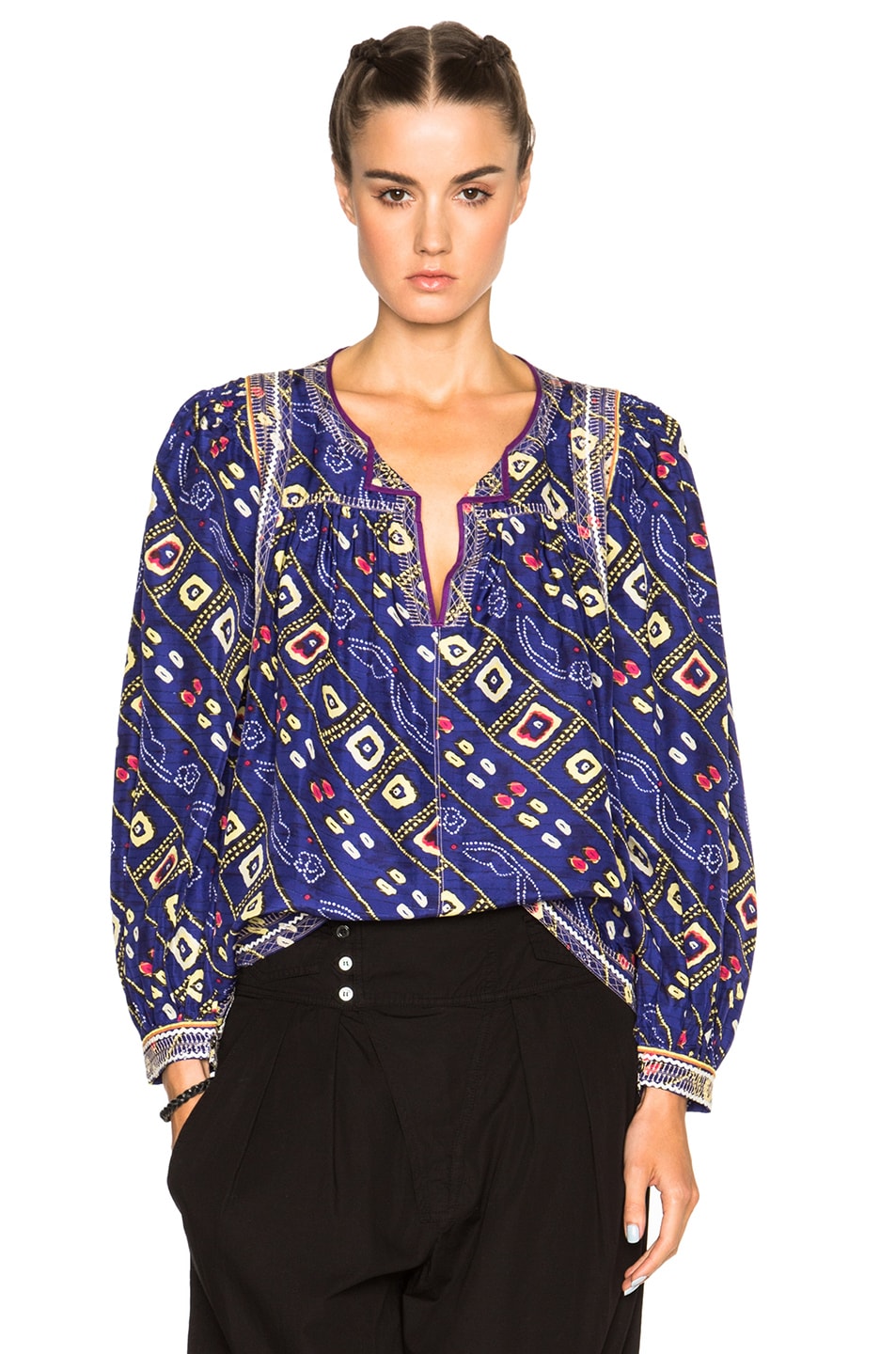 Image 1 of Isabel Marant Tyron Embroidered Printed Silk Blouse in Blue
