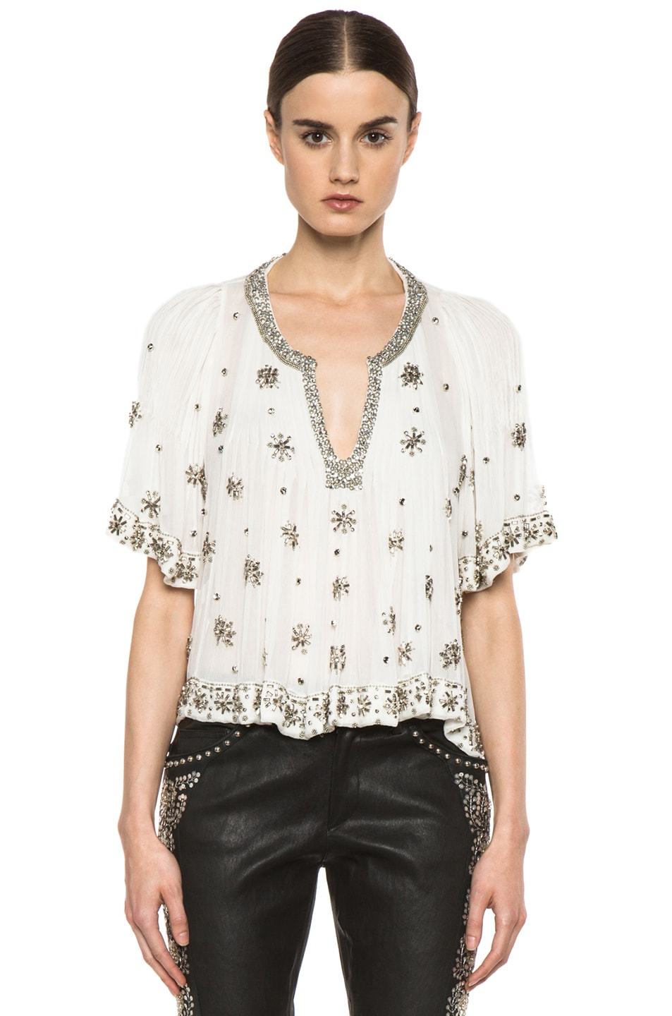 Image 1 of Isabel Marant Piper Strassed Silk Top in Blanc