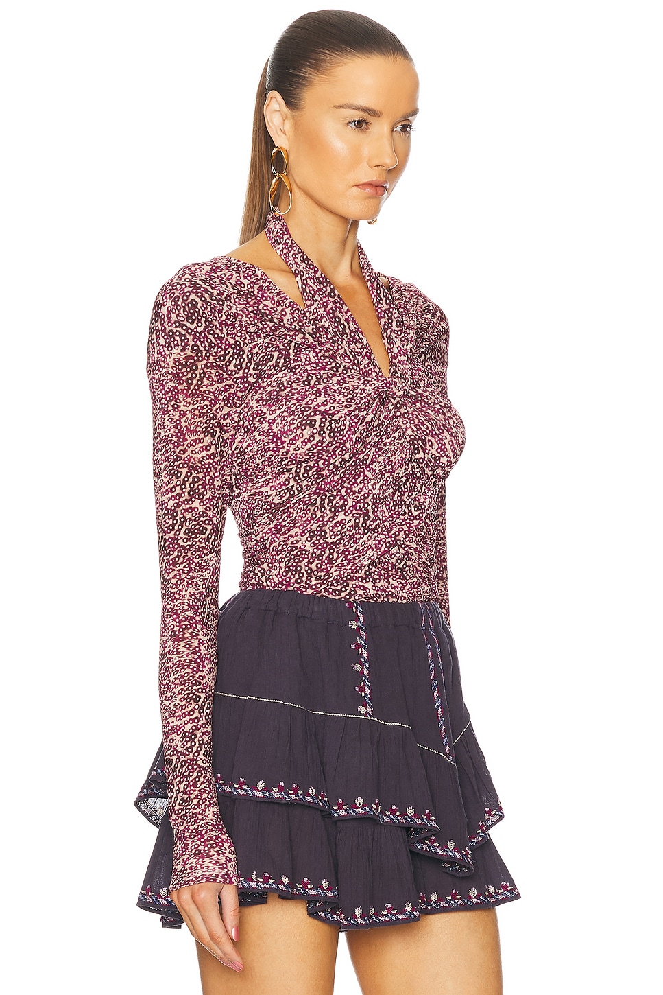 Isabel Marant Vonda Cold-shoulder Draped Top In Purple & Ecru