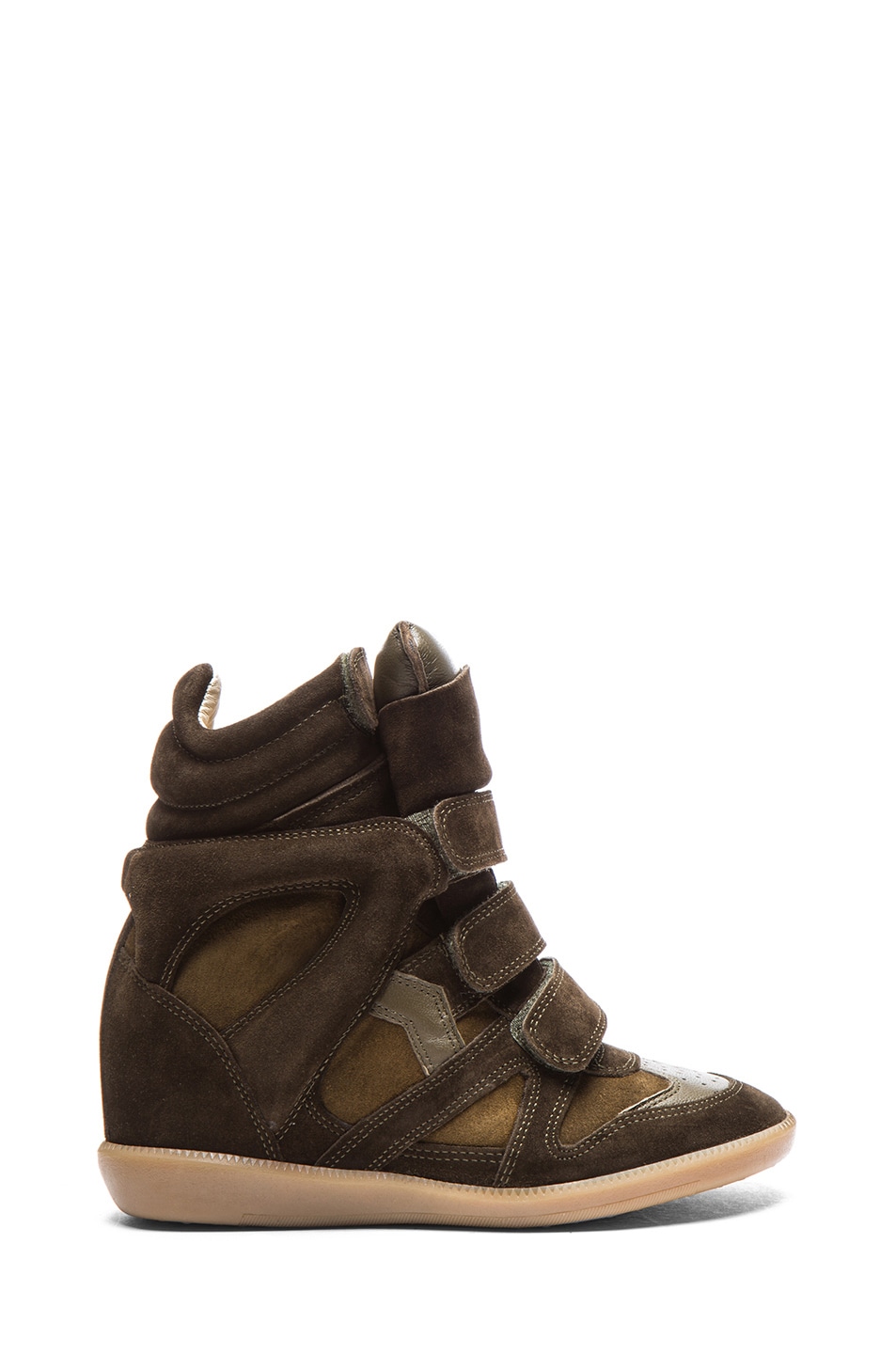 Image 1 of Isabel Marant Bekett Calfskin Velvet Leather Wedge Sneakers in Khaki