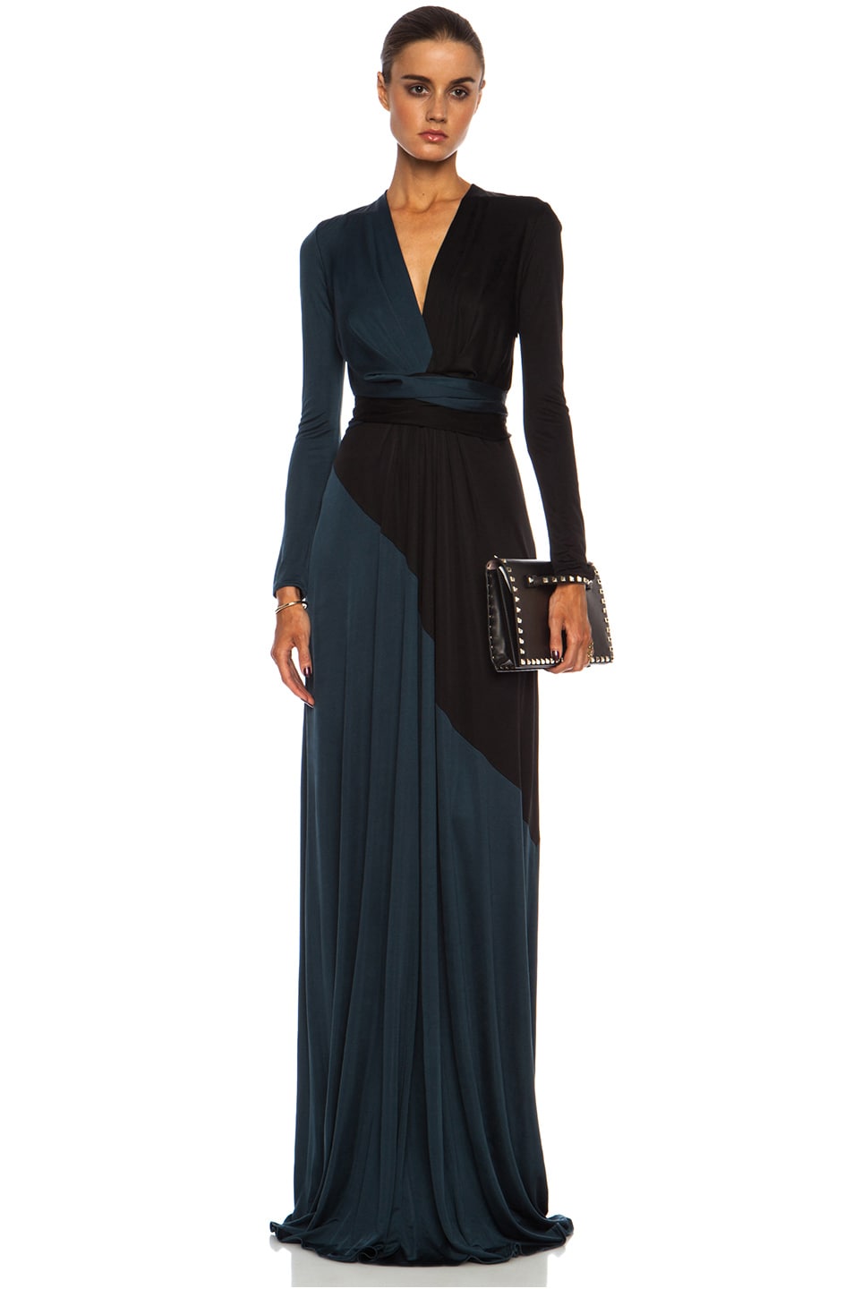 Image 1 of Issa Florence Color Block Maxi Silk-Blend Gown in Petrol