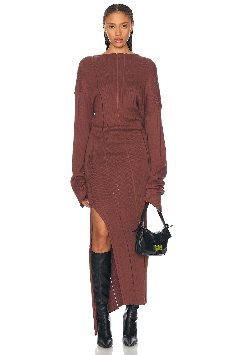 Long Sleeve Midi Dress With Slit in Rust