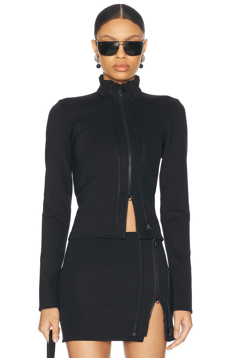 Jade Cropper Double Zipper Long Sleeve Top In Black