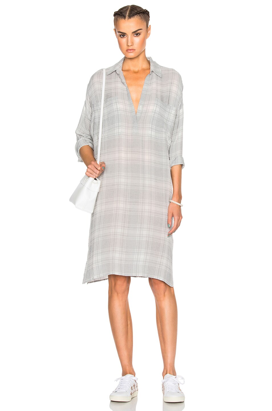 Image 1 of James Perse Plaid Oversize Shirt Dress in Light Grey Plaid