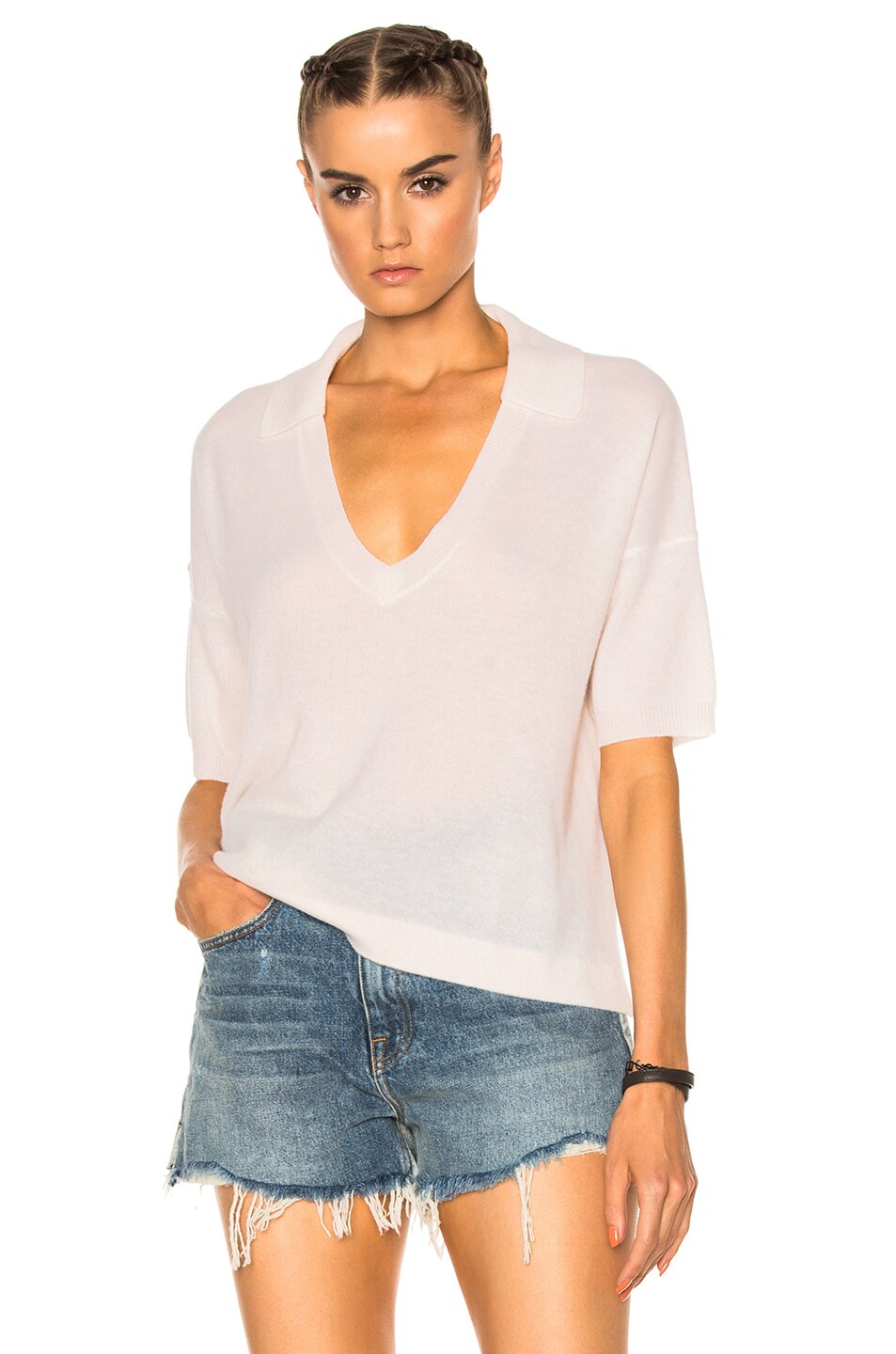 Image 1 of James Perse Boxy Cashmere Polo Sweater in White