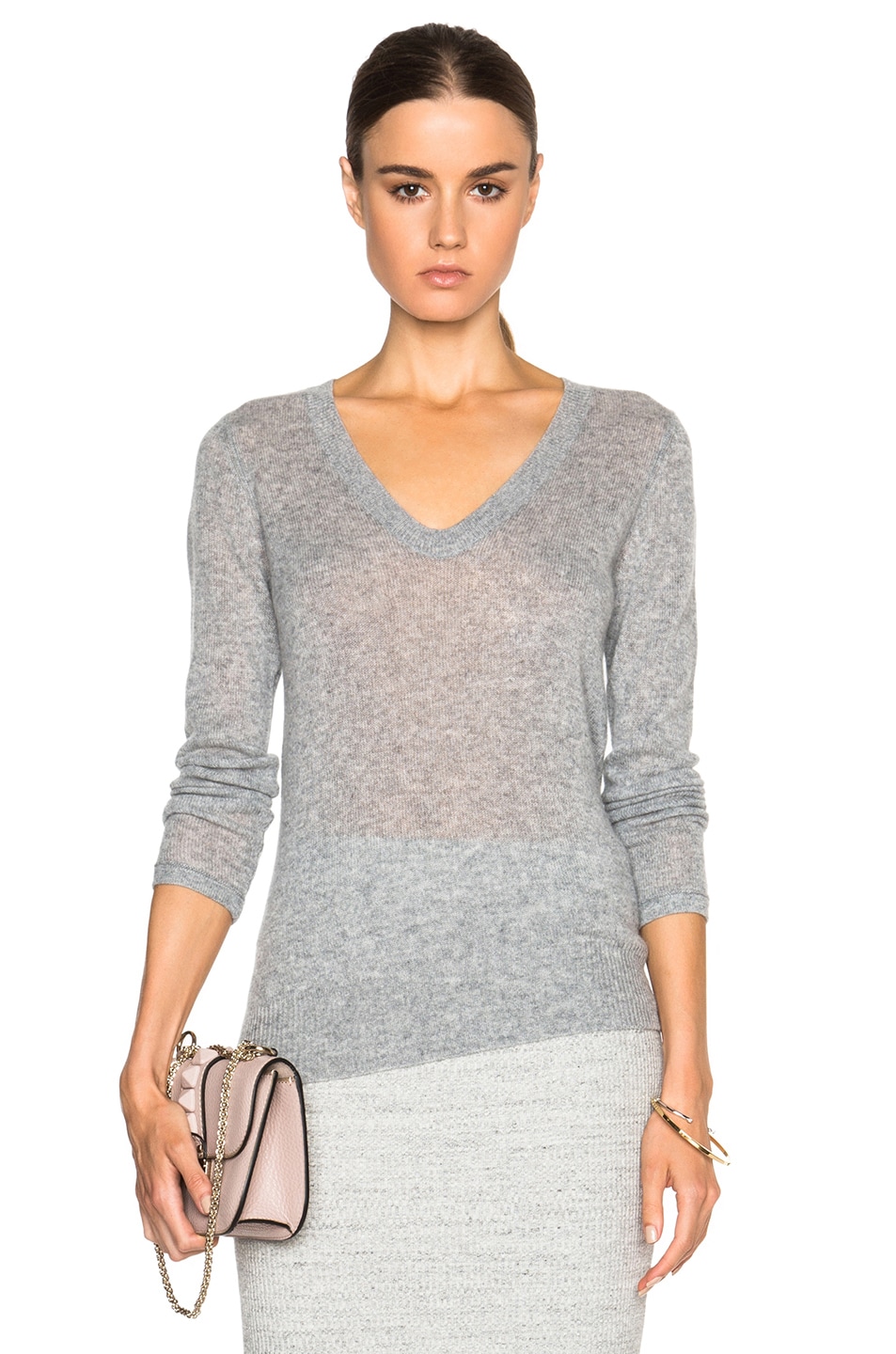 Image 1 of James Perse Cashmere V Neck Sweater in Heather Grey