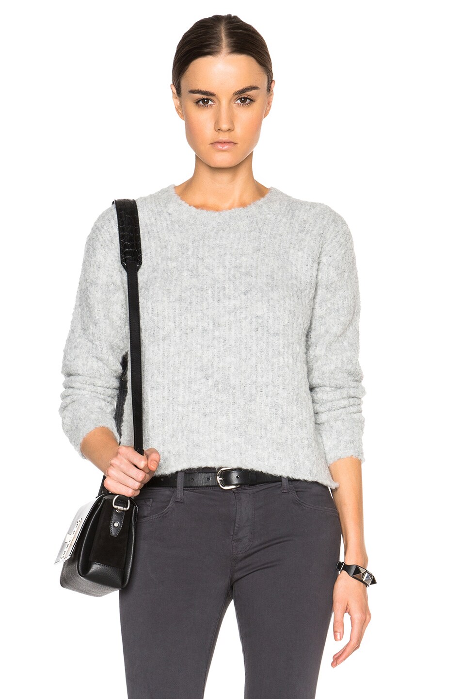Image 1 of James Perse Boucle Cropped Sweater in Light Heather Grey