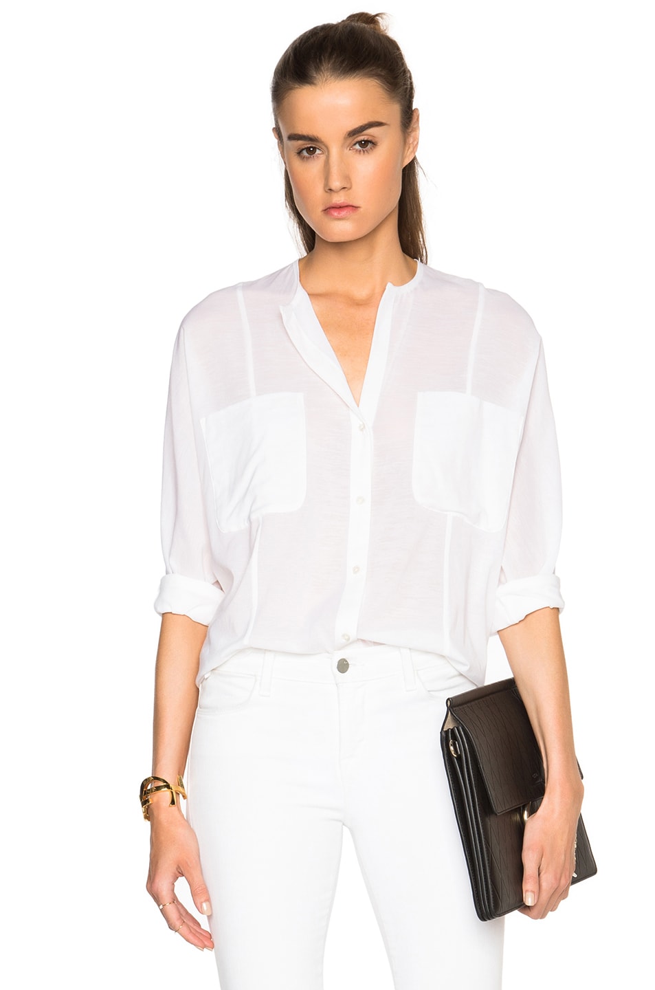 Image 1 of James Perse Oversize Chiffon Stretch Button Up Top in White