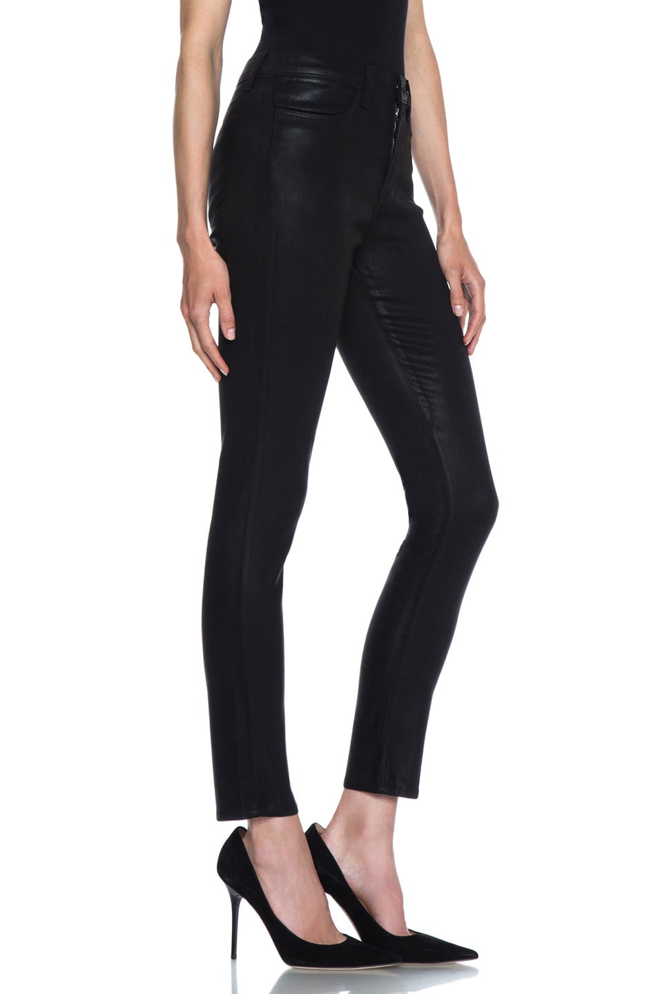 high rise coated skinny jeans