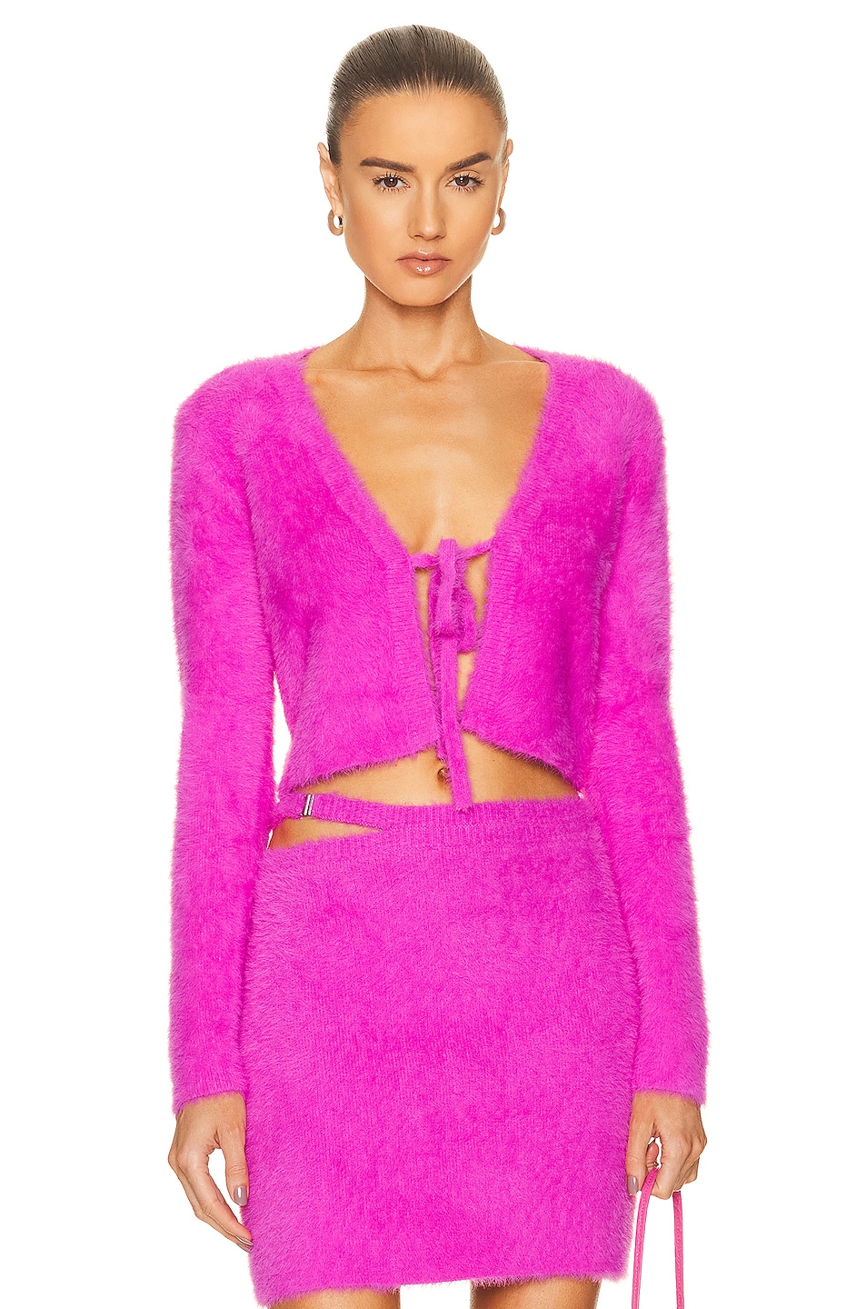 Image 1 of JONATHAN SIMKHAI STANDARD Axel Fuzzy Knit Tie Front Cardigan in Hot Pink