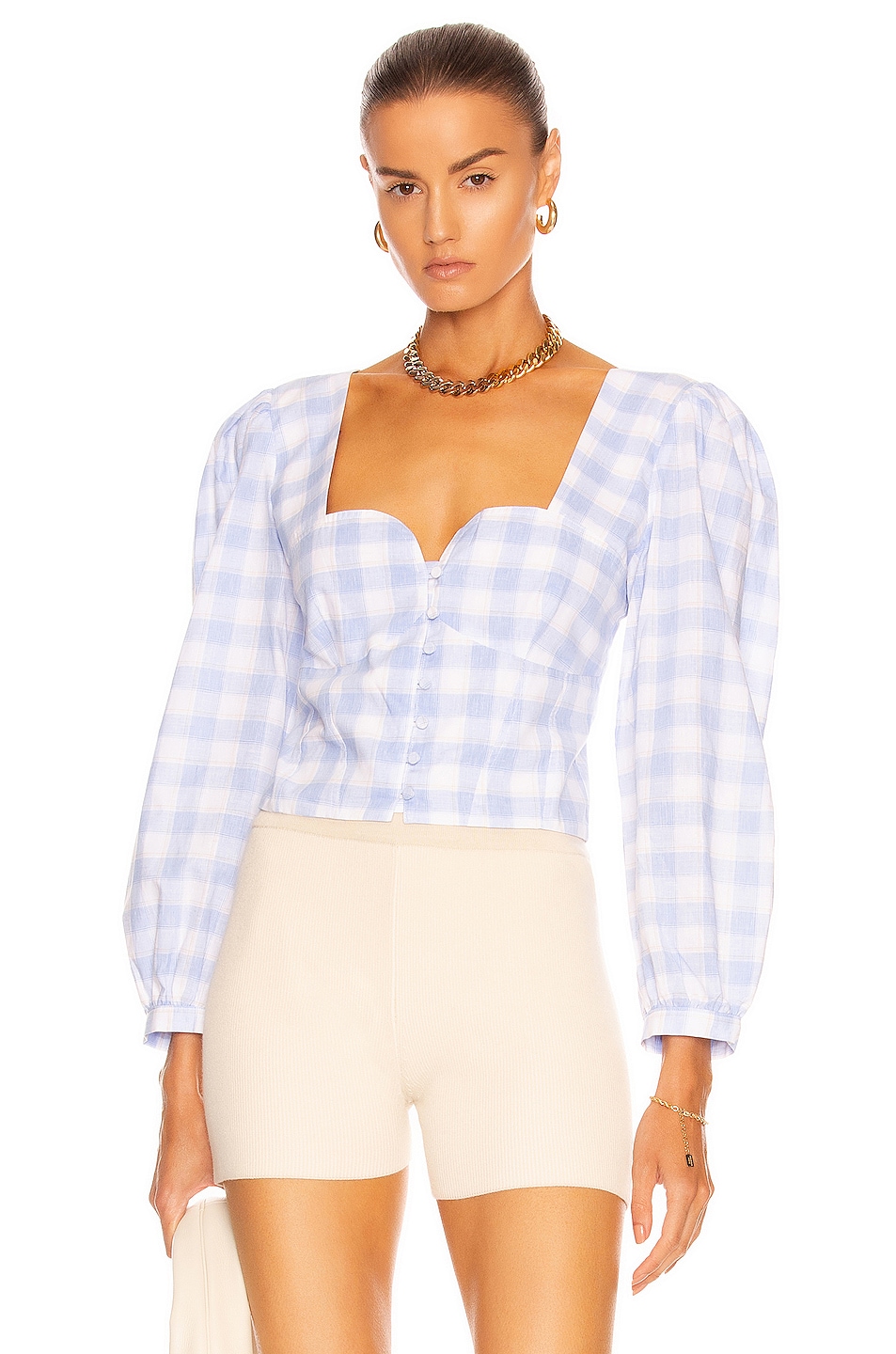Image 1 of JONATHAN SIMKHAI STANDARD Mary Jane Oxford Smocked Top in Blue Plaid