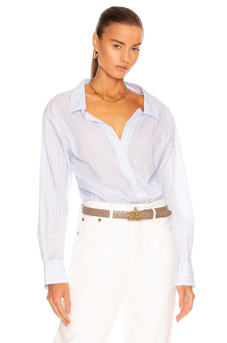 Image 1 of JONATHAN SIMKHAI STANDARD Olivia Oxford Shirt Bodysuit in Light Blue Stripe